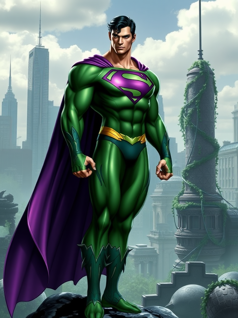 Create a full-length image of Superman with the female body traits of Ivy from Soul Caliber, retaining his head and face. His physique should have Ivy's lithe, muscular build, with toned arms, legs, and a narrow waist. Modify his core costume to fit, incorporating Ivy's green and purple color scheme and leaf-like embellishments. Place him in a background blending Metropolis' skyline with Ivy's lush, overgrown ruins.