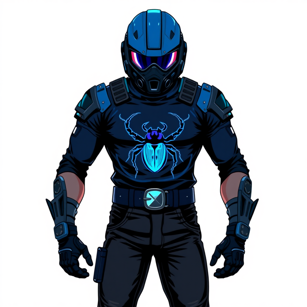 A 28-year-old cyberpunk vigilante stands heroically, clad in a high-tech, maximum blue biker shirt featuring a neon blue glowing beetle on the chest. They wear black biker pants, a black belt with a sapphire beetle buckle, and a maximum blue helmet with neon blue glowing lenses. Their hands are protected by black metal gloves, all set against a solid white background. He is drawn as if he was in a retro 2D cyberpunk fighting game.