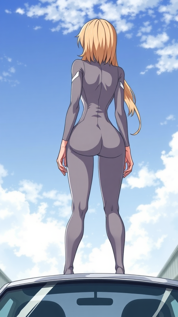 A anime drawing: A close up-cropped backside view one-piece tight-grey suit baddie-white women long blond standing on top, legs split out on top of a car, looking front-ways