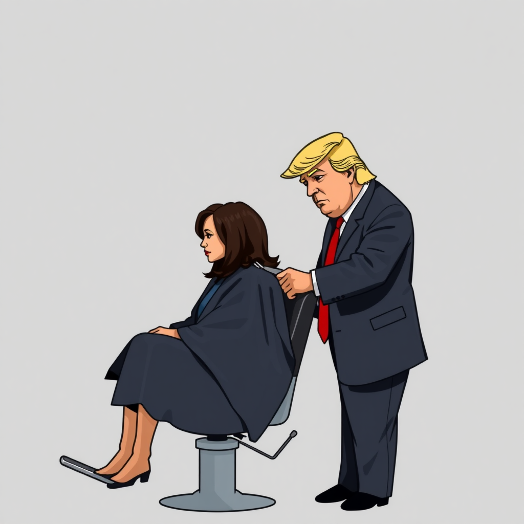 Kamala Harris sitting in a barbershop while Donald Trump cuts her long hair.  Plain gray background.