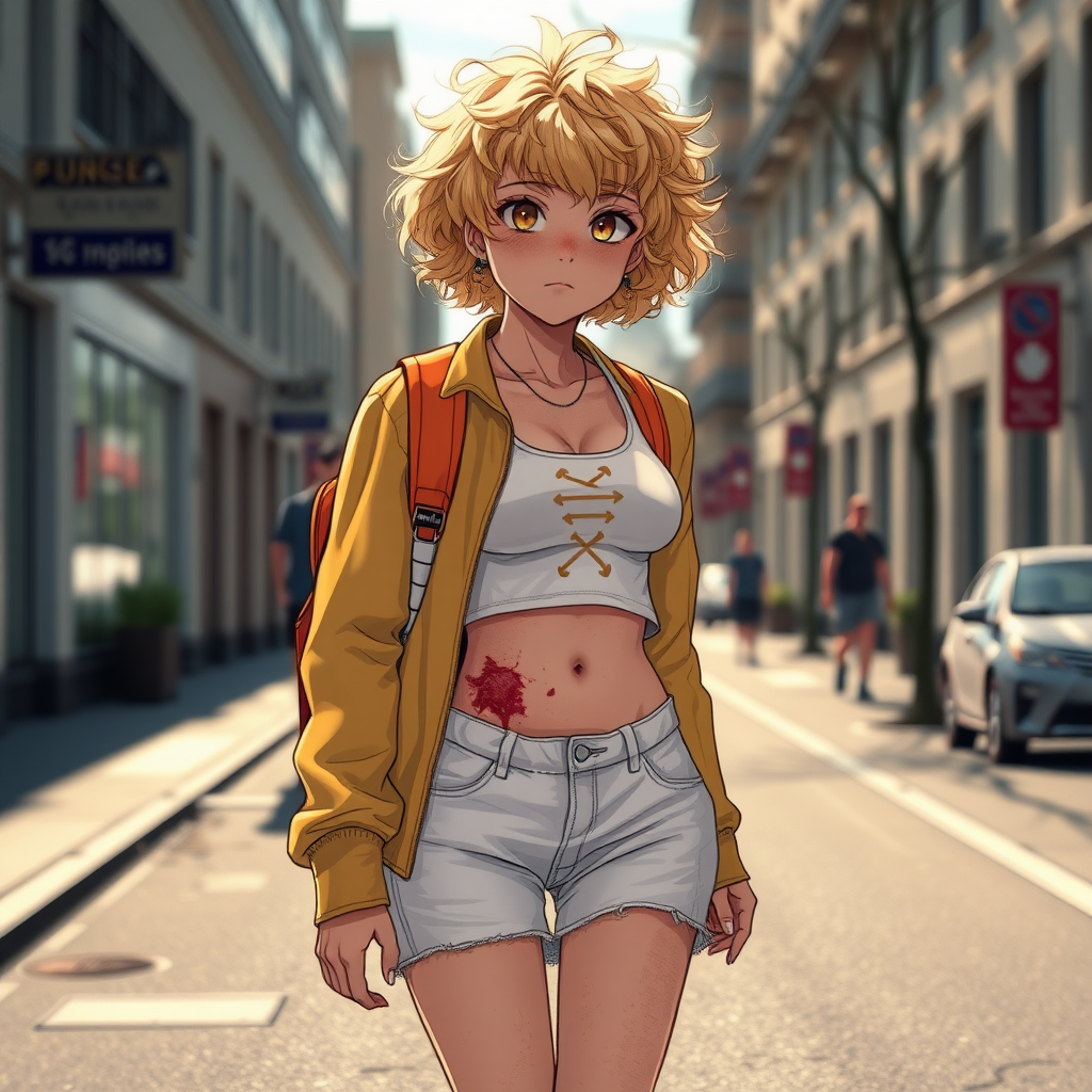 Ultra Realistic taken photo style image, Extremely good quality 8k resolution drawn manga image of a 15 year old petite and short tomboy girl with golden blonde curly hair with mixed and different colored eyes for each eye and moles on her entire body and is a white American girl, Has on a Gold Jacket over a white extremely short crop top only covering her breasts and nothing more with a design on it, and has on ripped shorts and cool looking sneakers and a deep and big wound on her stomach from a huge injury she had, with a bright color backpack, ear piercings on, walking on the street to school in the morning with the beautiful sunlight lighting up her body beautifully with no tattoos.