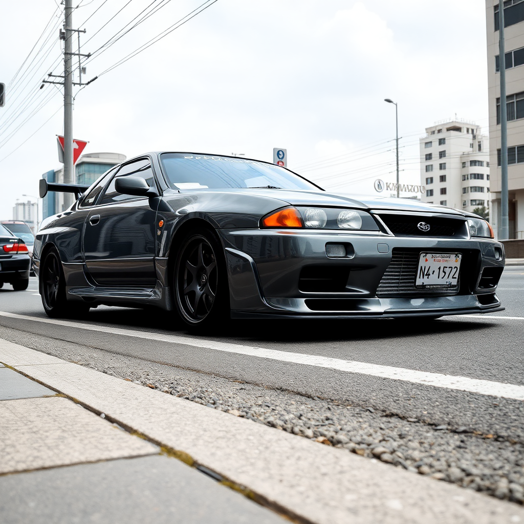 The car is parked on the side of the road, inspired by Taiyō Matsumoto, tumblr, restomod, nd4, c4 metallic shine gray black nissan skyline r34 kalabalik tokyo gece arkaplan