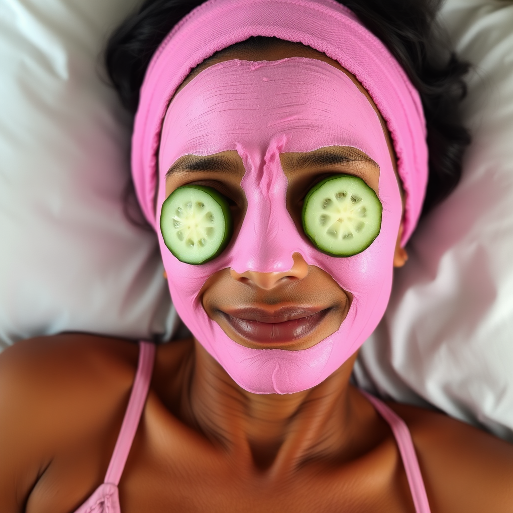 A skinny, traditional, 30 year old Indian wife with hair covering, wearing a bra, lying on a bed. Her face is covered with a pink face mask, and her eyes are covered with cucumber slices. She looks satisfied from her facial expression.