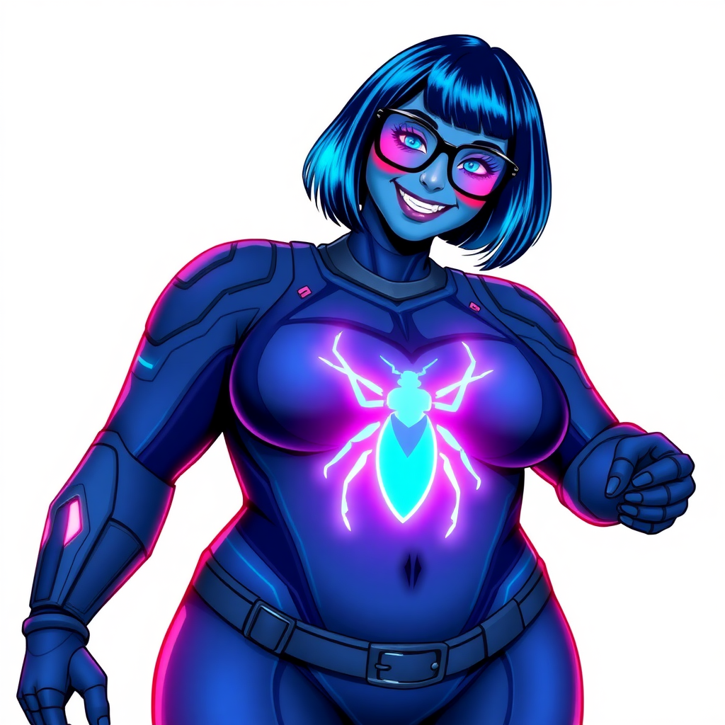 A 28-year-old full figured, computer science major, now transformed into a full figured, nerdy digital sidekick for her cyberpunk vigilante boyfriend, with maximum blue skin. Her bob cut seamlessly blends with her skin, appearing to merge together as computer data, and her neon blue eyes glow intensely. Her full figure is defined by a prominently round gargantuan midsection, sequoia-sized limbs, and broad shoulders. As a loyal and supportive sidekick, she plays a crucial role in their missions, using her digital skills to assist and protect.

She wears a digital, computerized maximum blue bodysuit which blends with her hair and skin (appearing to merge together like computer data), all are colored maximum blue. The bodysuit has a neon blue glowing chest icon of a beetle, along with matching high-tech gloves. She bashfully giggles with a neon red blush, emitting neon blue data cubes from her body, set against a solid white background. Heavily pampered by her doting boyfriend, her full figure (especially her prominently round gargantuan midsection) clearly shows this care. She has the ability to hack into computers and machines, and her nerdiness is blatantly obvious with her black oversized eyeglasses. Her full figure (especially her prominently round gargantuan midsection) is prominently displayed and heavily emphasized. Her outfit is influenced by DC’s Jennifer Knight Phantom Lady but remains distinct. She is drawn as if she was in a retro 2D cyberpunk fighting game. Ensure her skin color is distinct from Inside Out's Sadness and any other character. Ensure her midsection is round and her proportions are bloated to emphasize her figure.