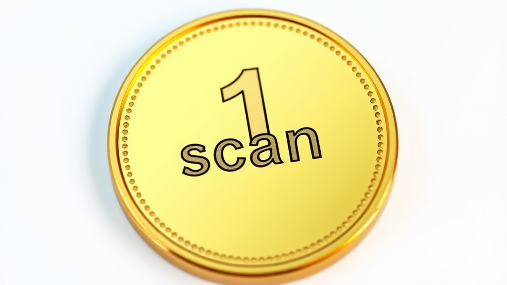 A golden token with the engraving "1 scan"  
In the style of a comic icon in black ink only on a white background