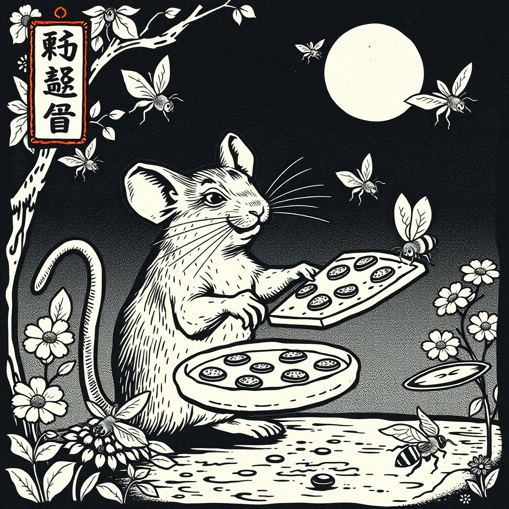 A rat delivering pizza to bees, Chinese woodcut