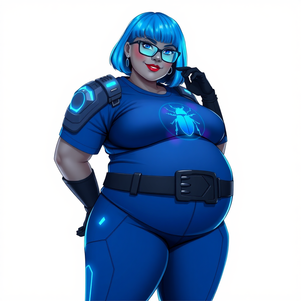 A 28-year-old, full-figured, Middle Gray skinned, computer program hybrid with a maximum blue bob cut. She has a non-athletic, full-figured build, highlighted by a prominent, round, large midsection (with heavy emphasis on her large belly). As the full-figured, nerdy, digital sidekick to her cyberpunk vigilante boyfriend, her metallic middle gray skin and maximum blue lipstick emphasize her digital nature. She wears a digital, computerized costume, consisting of a huge, tight-fitting, maximum blue t-shirt with a neon blue glowing beetle chest icon, hi-tech shoulder pads with neon blue glowing accents, a black hi-tech belt with a digital neon blue glowing buckle, digital maximum blue pants with neon blue accents, and black hi-tech gloves with neon blue glowing accents. Her bright blue eyes, black eyeglasses with neon blue glowing lenses with a built-in HUD, and shy smile with neon red blush accentuate her nerdiness. She stands bashfully with one hand behind her back and the other hand gently touching her cheek, her costume covering all her skin and emphasizing her full-figured physique (especially her belly). She is clearly non-athletic, with a heavy focus on her large belly. Despite her build, she radiates beauty. She has a slim face compared to her physique, accentuating her radiant beauty. She is on a solid white background. She is drawn as if she were in a retro 2D cyberpunk fighting game.