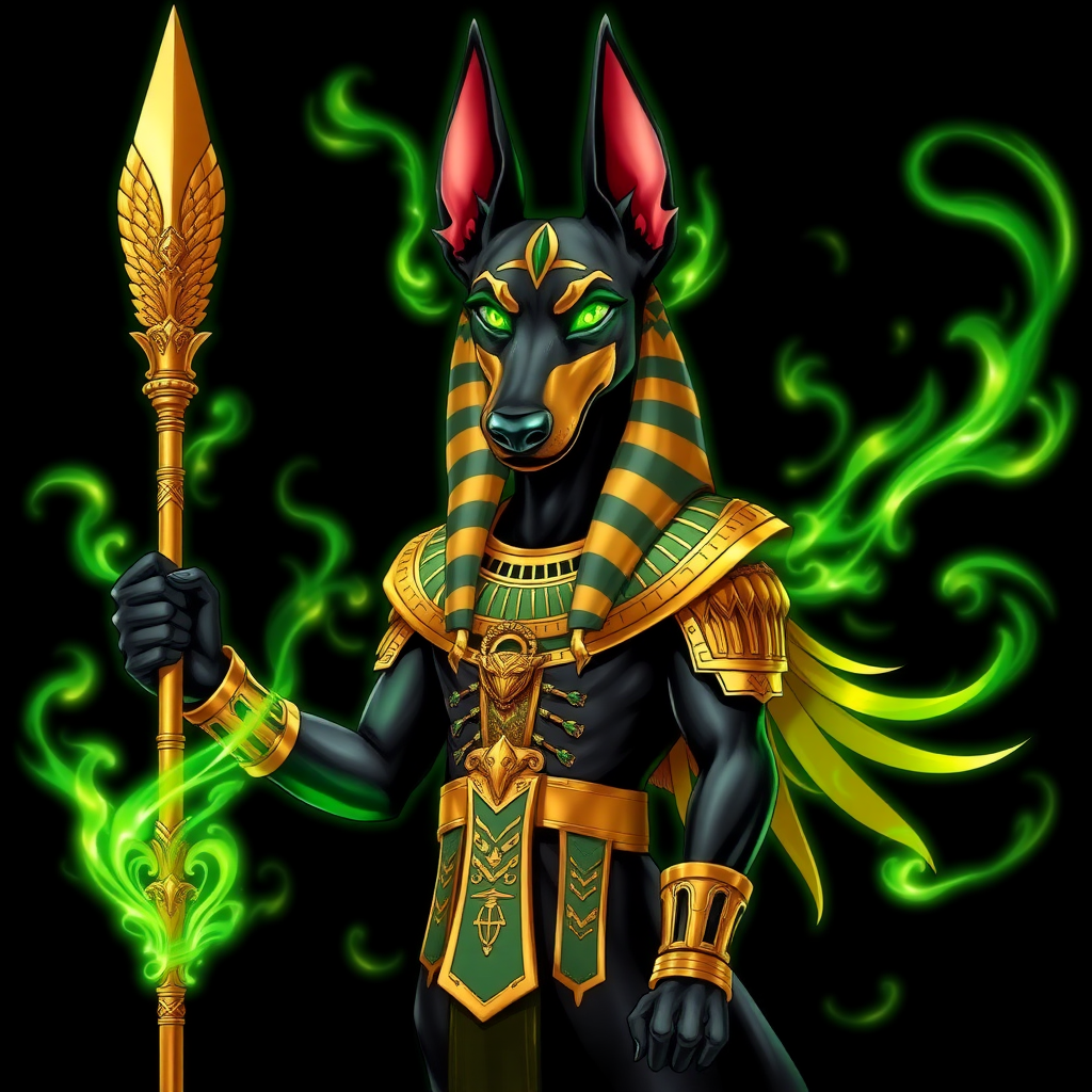 (Anime-styled art) Black background, An imposing, humanoid Doberman with jet-black fur stands tall, clad in ornate golden-green Egyptian armor. This is Anubis, the god of the afterlife, his presence radiating power. In his left hand, he grips a magnificent golden spear adorned with feathered details, shimmering with an ancient Egyptian design. Around him swirl vibrant green flames, matching the intense, otherworldly glow of his green, flaming eyes, illuminating his fearsome expression.