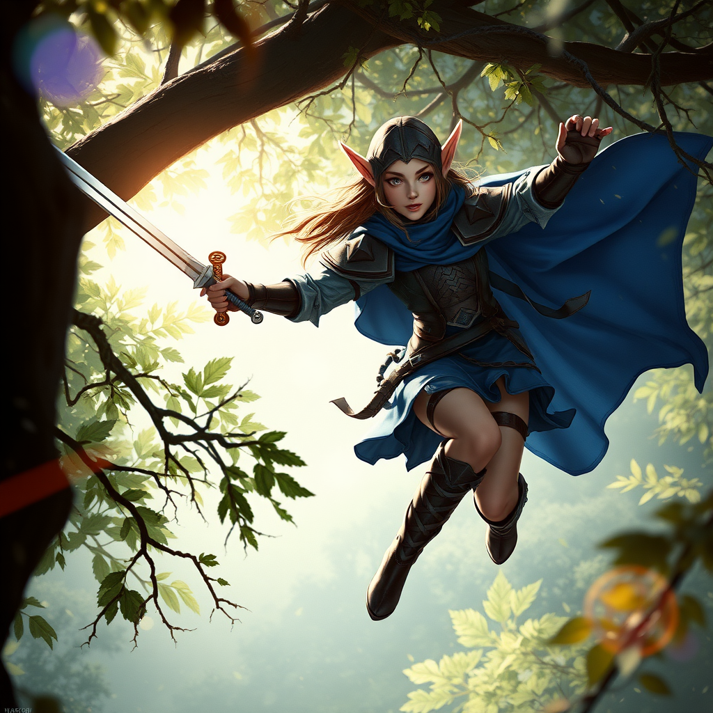 A twenty-something elf girl like (Ana de Armas, Deedlit from Record of Lodoss War), a character come to life. Wide triangular shoulder pads, blue flowing cloak, leather armor, skirt, high heel ankle boots. Flying through tree branches, sword in hand. Photorealistic digital matte painting, highly detailed, film grain, lens flare, chromatic aberration.