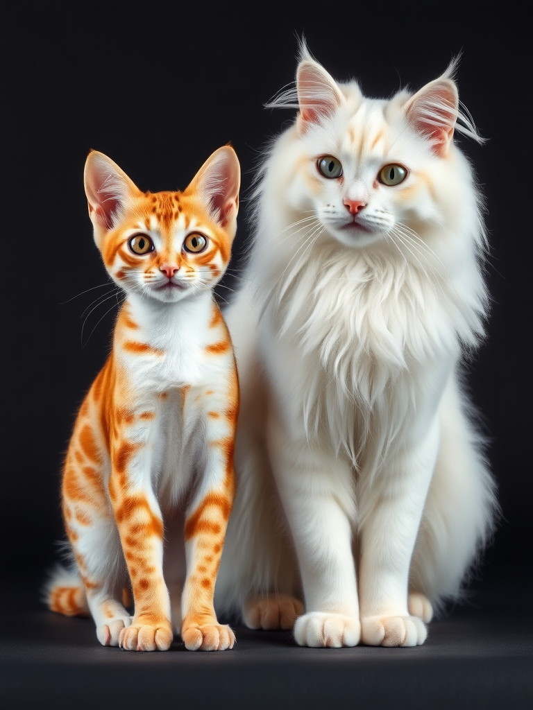 Create a hyper-realistic 4K image showing a small Rusty-Spotted Cat standing beside a larger white Angora Cat. The Rusty-Spotted Cat should be depicted with its distinctive rust-colored spots, while the white Angora Cat should be shown with its long, luxurious fur and more big. Ensure both cats are in proportion to each other, highlighting the size difference and their unique features.