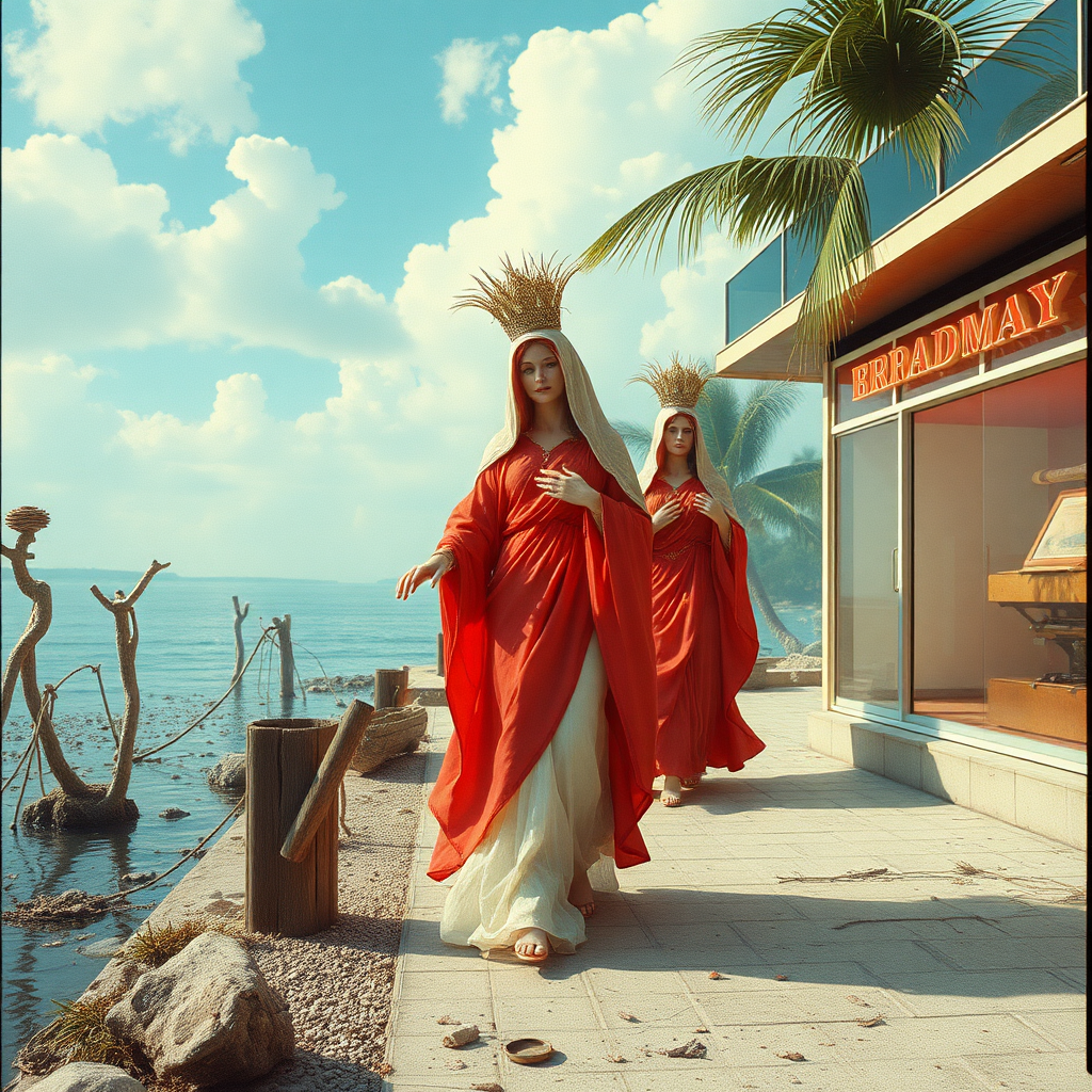 Highly detailed Kodachrome color real surrealist photograph from 1974 of Echoes of the Broadway Everglades  
With her mythical Madonnas  
Still walking in their shades