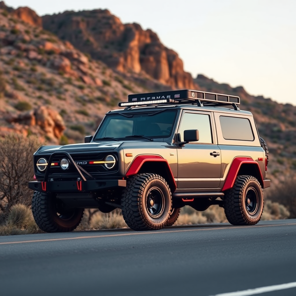 concept ford bronco the 4x4 car is parked on the side of the road, inspired by Taiyō Matsumoto, tumblr, restomod, nd4, c4