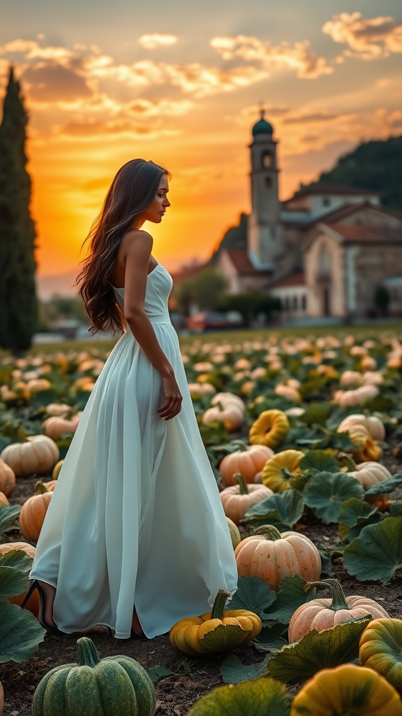 On the left, a beautiful model in a long white dress, black hair with 16 cm high heels, in the background a field of large pumpkins, in the background a Venetian-style village with a church and bell tower, sunset sky with the sun and clouds, in high definition.