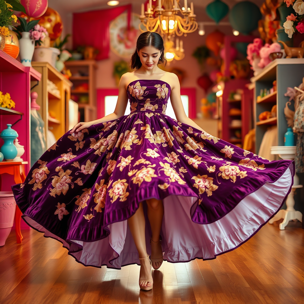 In a whimsical boutique setting filled with bright, vibrant colors and eclectic decor, a woman steps gingerly into the frame, adorned in an outrageously oversized dress that seems to have a life of its own. The dress, crafted from luxurious deep purple velvet, boasts an intricate floral pattern of shimmering golds and soft pinks that dance across its surface, reminiscent of a blooming garden in spring.

Each step she takes sends ripples through the voluminous fabric, causing it to billow dramatically behind her like a fluffy, pastel cloud floating through a sunlit sky. The hem of the dress sweeps the polished wooden floor, trailing behind her and picking up delicate wisps of glittering dust illuminated by the soft overhead lights.

As she walks, the dress swirls around her with an elegant grace, each fold and layer revealing glimpses of a contrasting silky lining—perhaps a pale mint or soft lavender—that glimmers mischievously with her movement. Her expression mirrors a delightful blend of shock and amusement, the oversized silhouette making her resemble a child lost in a fantastical daydream, playing dress-up in their parent's closet.

The air is filled with a faint scent of vintage perfume and sweet cotton candy, creating an airy atmosphere that complements her playful demeanor. The scene captures a sense of joy and spontaneity, inviting viewers to join her on this enchanting adventure where fashion and whimsy collide.