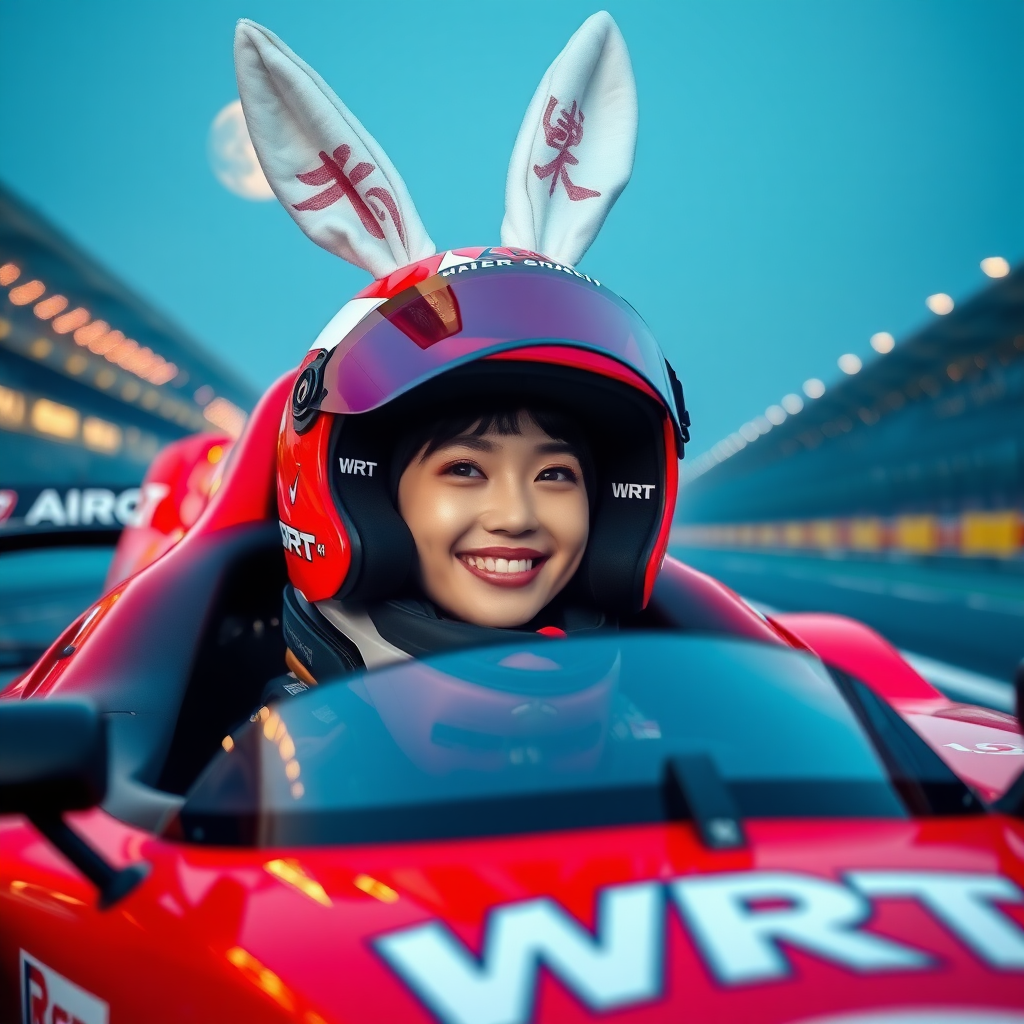 At the Shanghai International Circuit, a red racing car, with "WRT" written on it, features a smiling Chinese female racer wearing a racing helmet. The visor of the helmet is lifted, and bunny ears are sticking up from the helmet, with a massive moon in the background.