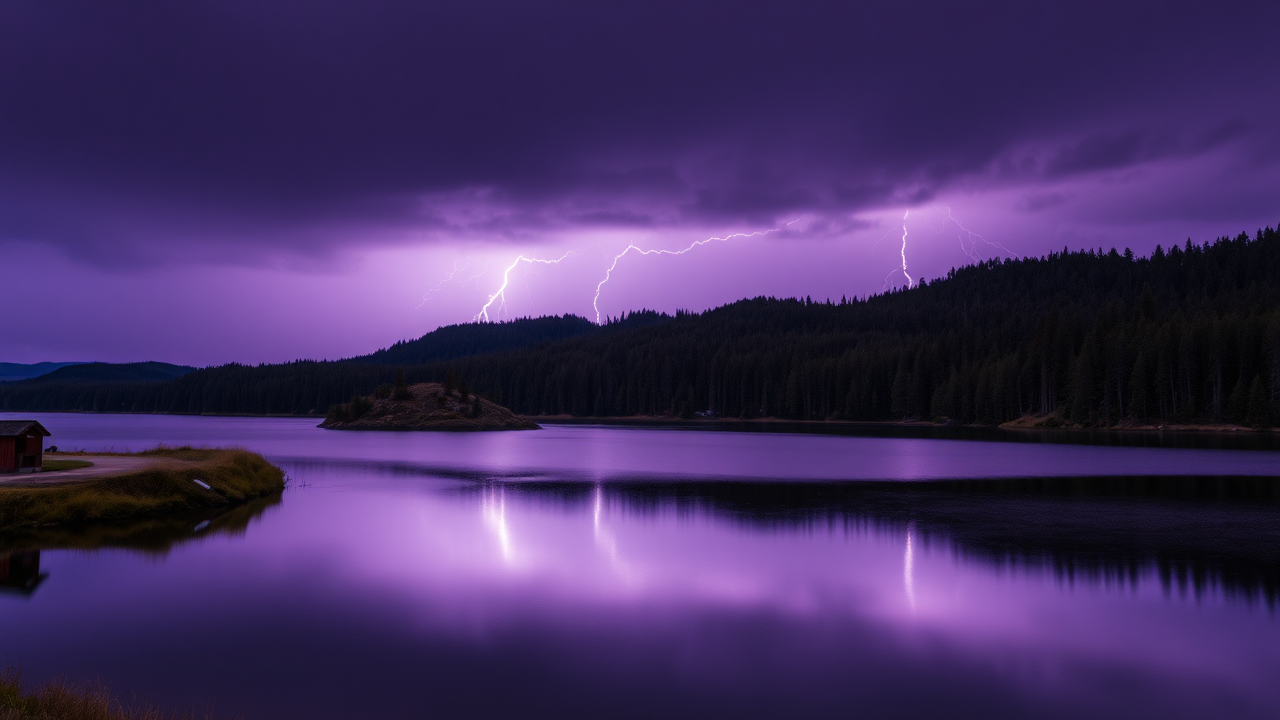 photo, lakes, purple sky, lightning