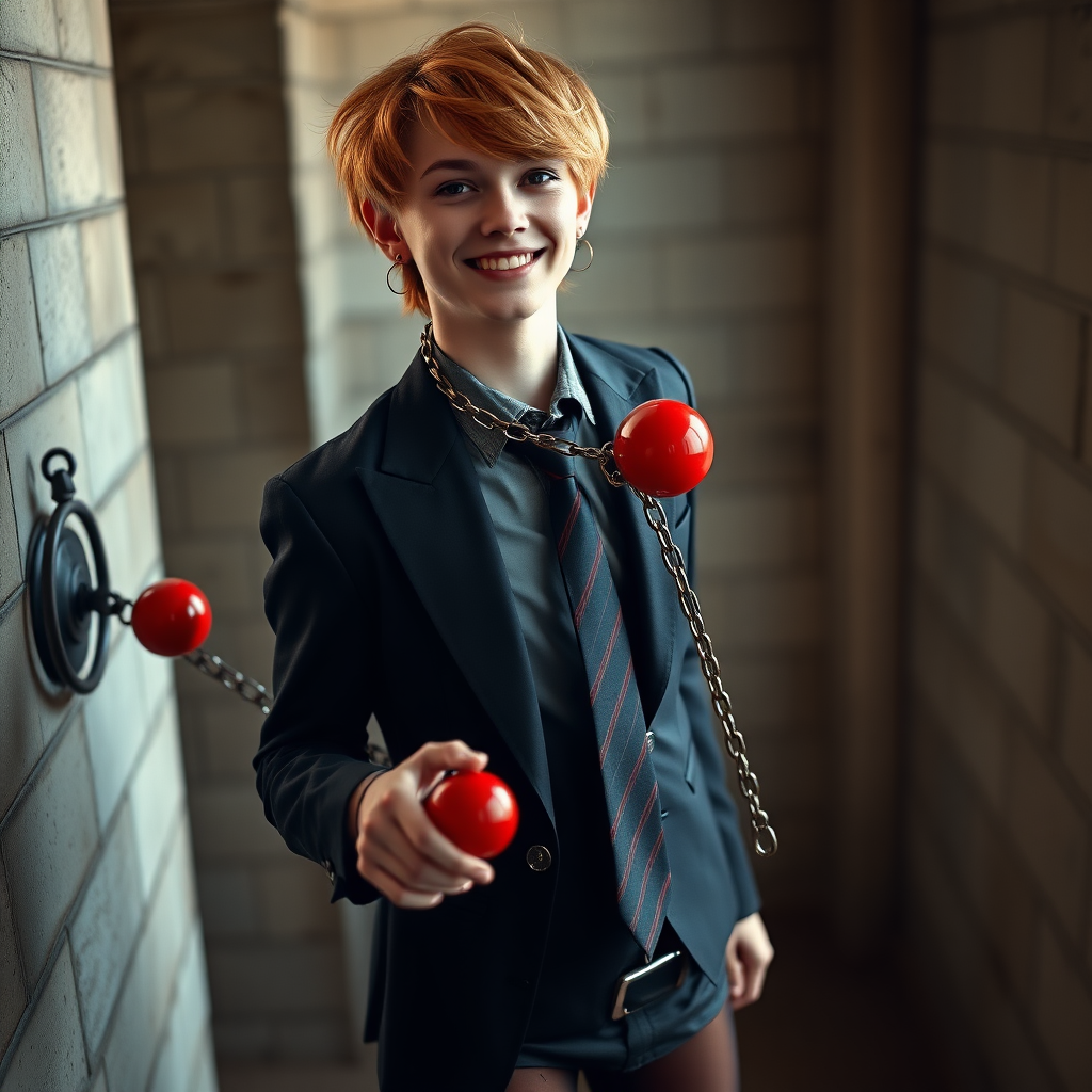 photorealistic, ultra high resolution, 16K, surreal fantasy, soft studio lighting, Tyler Swift is a pretty 18 year old goth male, slim male physique, auburn hair, goth makeup, earrings, shiny black pantyhose, school uniform shirt tie and blazer, Mary-Jane shoes, spikey neck collar chain and leash, red ball-gag, in a dungeon, the end of the leash is chained to the wall, in daylight, excited smile, facing the camera.