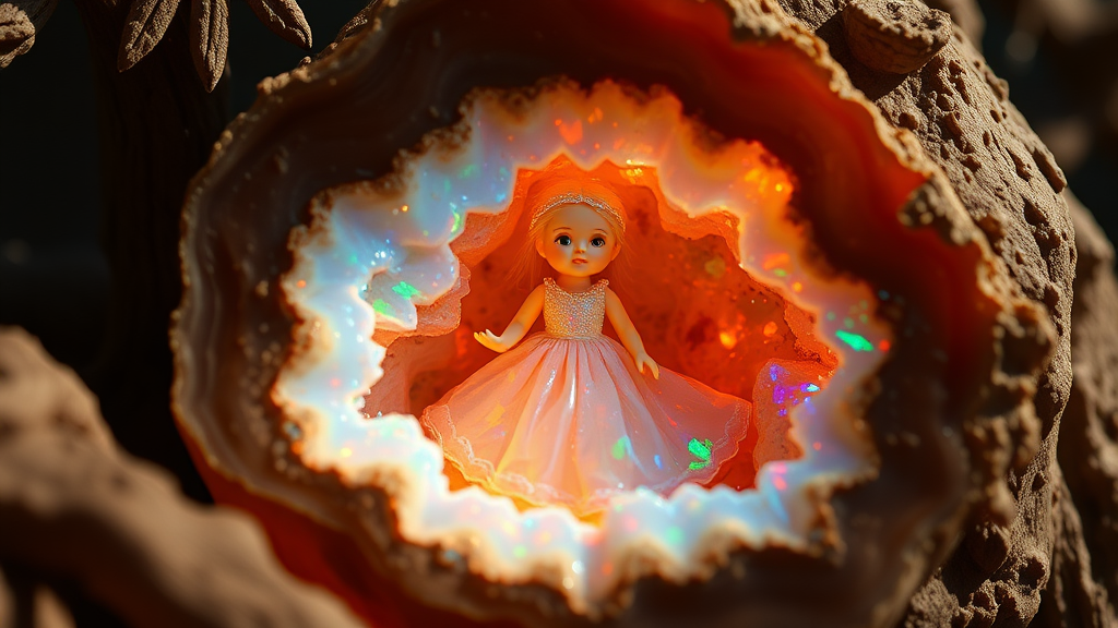 doll made of opal, high quality photo, intricate environment, ultra-detailed, impressionistic, dynamic composition, artistic photograph, geode, alabaster, fractal, brilliant colors, glittering, sunlight, illumination, transparency, translucent, opal