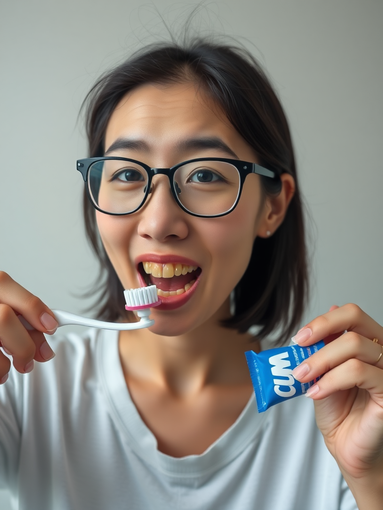 real casual photo, japanese nerdy skinny woman with big nose, big mouth, big yellowish teeth, moles, big eyeglasses and medium hair, retarded, she is putting a toothpaste called "CUM" on her toothbrush