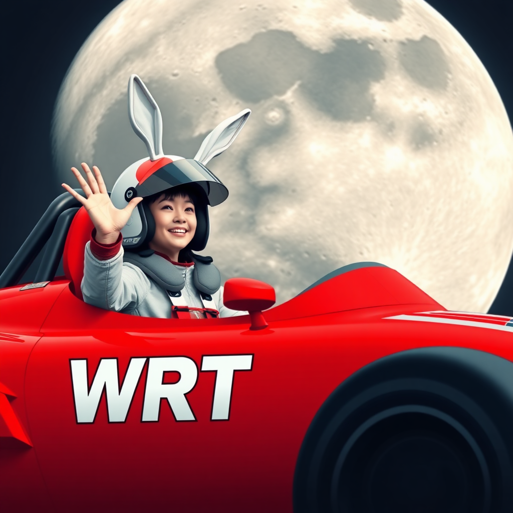 A red racing car with "WRT" written on it, driven by a beautiful Chinese female racer with white rabbit ears on her helmet. She is laughing and waving one hand, while her other hand firmly grips the steering wheel, with an enormous moon in the background showcasing visible craters.