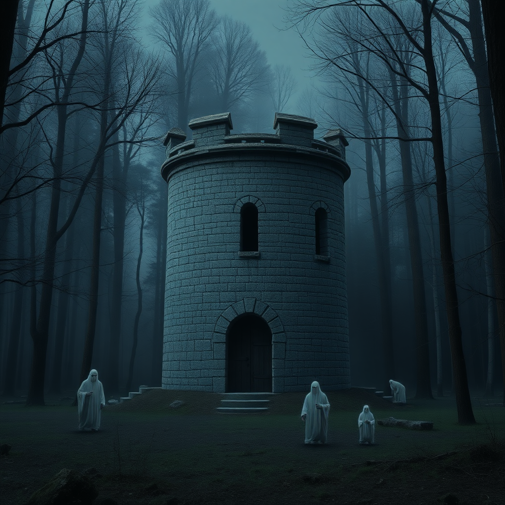 A photo realistic small, old and worn, round medieval stone tower in a dark forest clearing with very faint ghost like forms around it