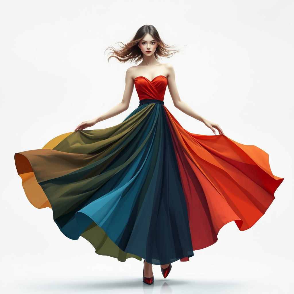 abstract girl in full dress with a very long skirt (make it so that no part of her skin face or hair is shown)