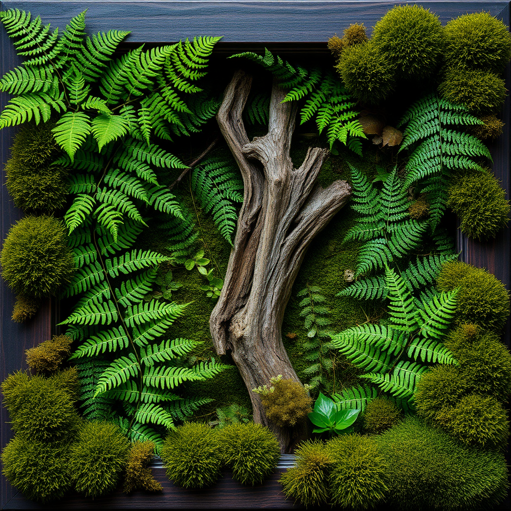 A frame is filled with ferns and moss, with a piece of dead wood in the center, and moss occupying the empty corners.