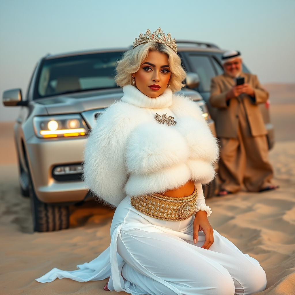 Kuwait desert dunes misty dawn, full size luxury SUV: Melissa, European 17 years old very convincing femboy “trophy-bimbo”, tamed servile docile, very beautiful feminine flawless face, rather short, by hormones very curvaceous womanly figured, platinum blond short tight curls, bold red lips, heavily made-up face, wearing Supertanya-style fluffy very fuzzy bright white angora turtleneck-poncho cropped ending under bust decorated with pearls and gemstones, striking oriental wide gold bridal protection belt, white fully transparent harem pants, full Oriental bridal jewelry with striking headpiece, full Oriental face-jewelry, striking diamond “$$$” letter brooch on left chest, pout frustrated, hands tied behind back, kneeling in sand in front of SUV, looking at camera. Focus on face and turtleneck-poncho. Standing behind leaning against SUV: older overweight mighty sheik laughing taking pictures with mobile phone.