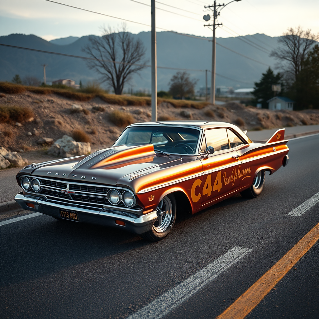 The drag car is parked on the side of the road, inspired by Taiyō Matsumoto, tumblr, restomod, nd4, c4 metallic shine classic american low rider custom paint ford