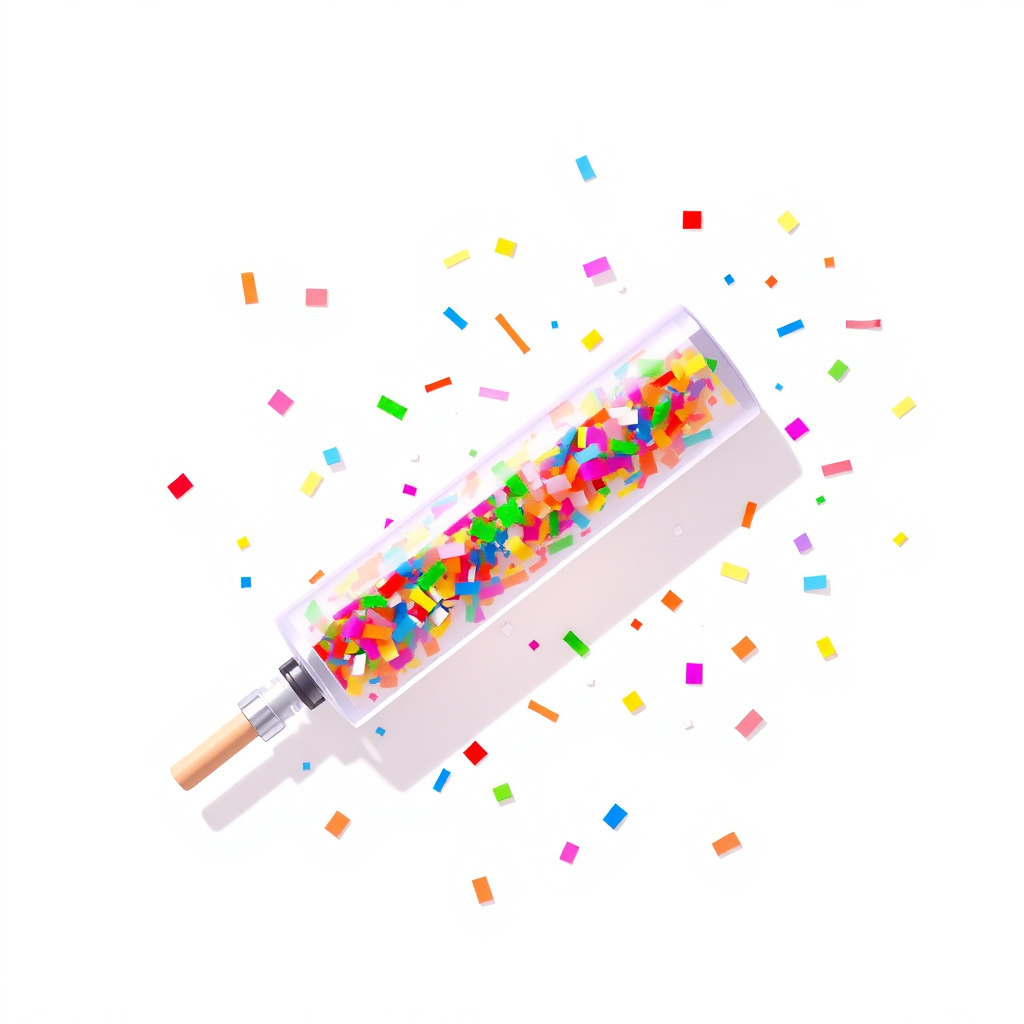 colorful confetti popper tube lying flat at an angle with confetti around it, white background, anime style