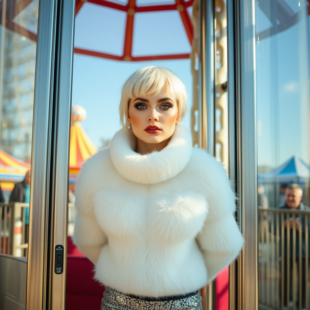 Amusement park “kissing booth”, sunny spring Sunday morning. Sam, 19 years old beautiful involuntary femboy, rebellious intractable character, petite boyish figure, platinum blond boyish rebel punk hairstyle, flawless heavily made-up face with sharp arched tattooed eyebrows, wearing Supertanya-style fluffy very fuzzy bright white angora thigh-length turtleneck-poncho fully covering body and arms, silver-glitter leggings, black leather high-heeled pumps, silver earrings, both hands tied to pole behind back, standing inside kissing booth, waiting for next customer to kiss. Focus on Sam’s face and turtleneck-poncho.