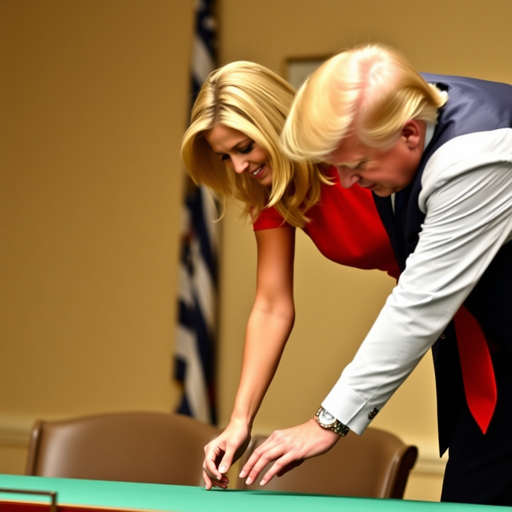 Ivanka Trump wearing tight red dress, bending over a desk. Her father next to her putting his hand on her putt in a playful way.