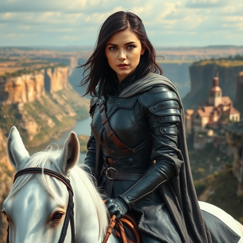 beautiful young woman, dark hair, past her shoulders, blue eyes, small, slim figure, wearing full leather armor suit, long cloak, on a white horse with a large canyon and beautiful medieval village on a lake.