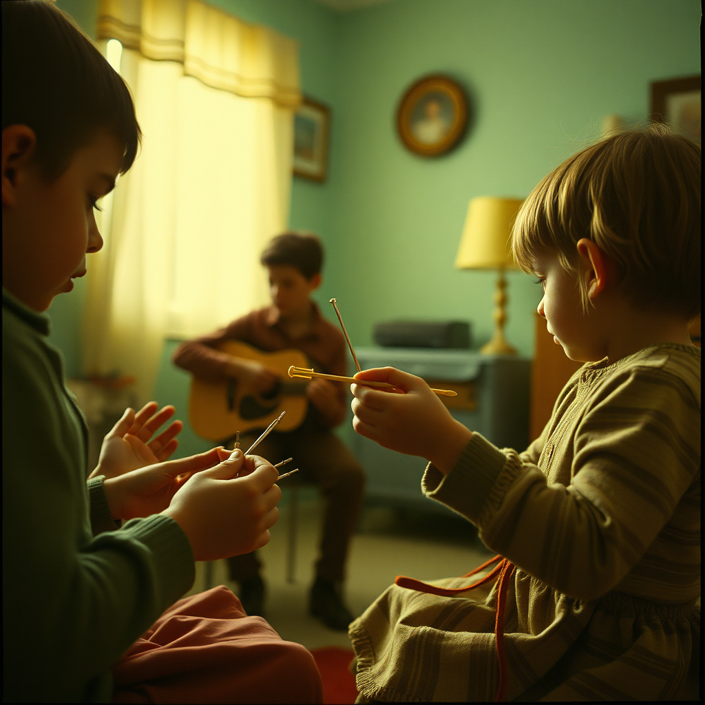 Highly detailed Kodachrome color real surrealist photograph from 1974 of And as the song and dance begins  
The children play at home  
With needles, needles, and pins