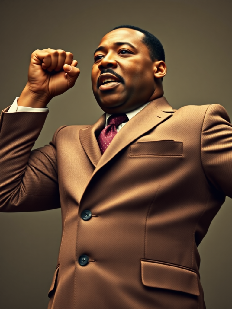 full body shot of an extremely muscular Martin Luther King, wearing a full brown tweed suit, flexing so hard that the suit seams are starting to burst, his teeth are gritted, straining, sweating, muscular, color