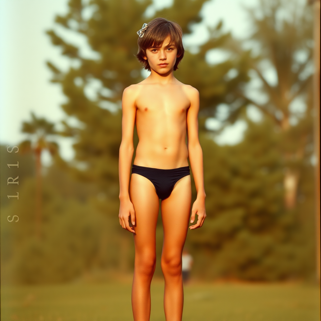 A tall skinny 14yo teen boy, long hairs bow cut, wearing little speedo, long legs, narrow thighs. full-length view. 1970s. photorealistic, ultra high resolution, 16K, Negative: grainy, blurry, bad anatomy, extra limbs, watermark.