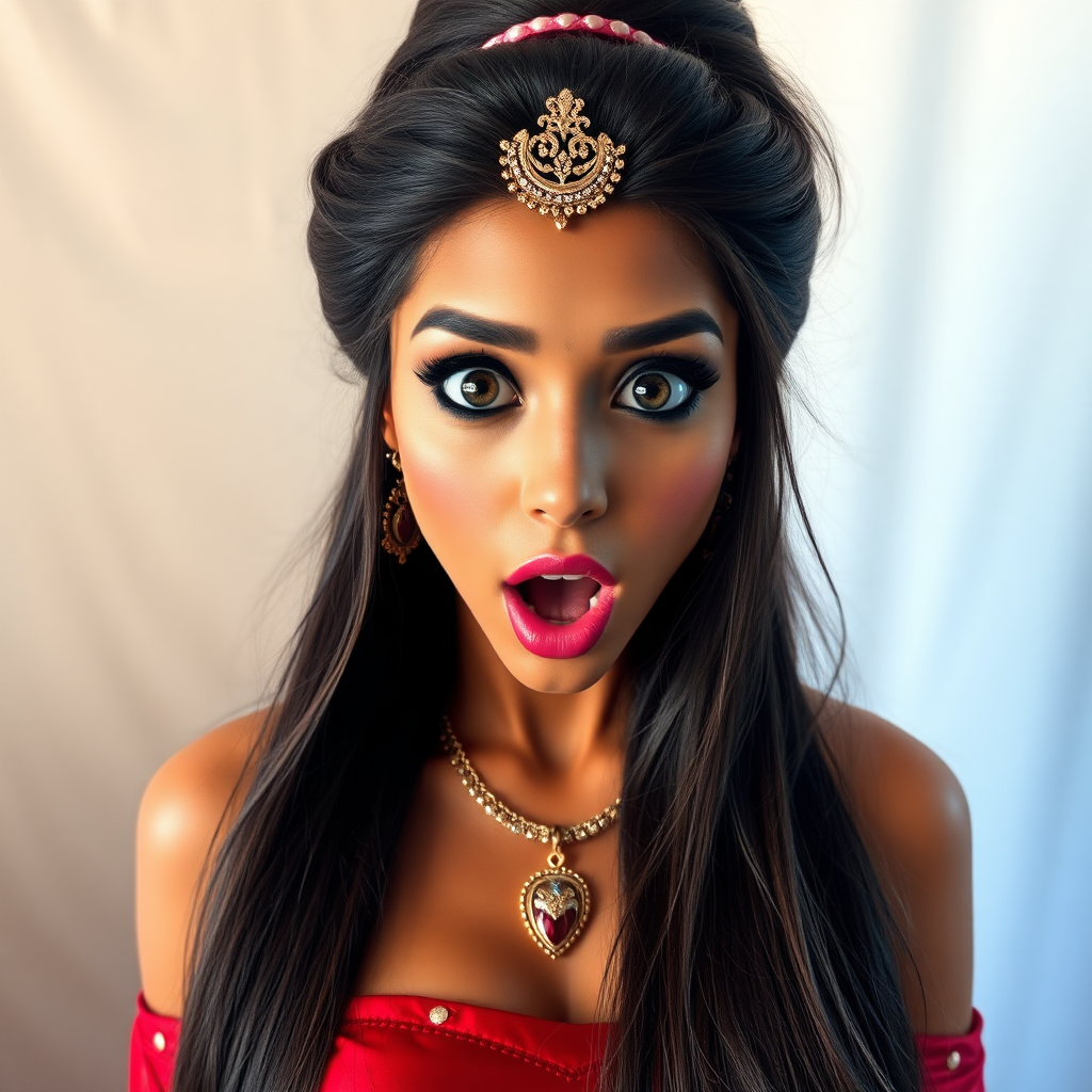 surprised Arabian girl with mouth open. She has very large eyes, black eyeshadow, black eyeliner, fake eyelashes, very tanned skin, very long hair. very high ponytail, princess jasmine, red off shoulder shinny crop top. photo realistic