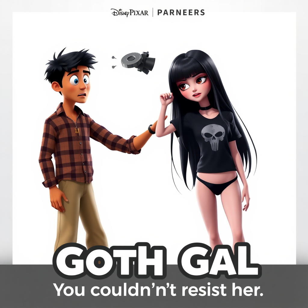 A Disney Pixar animation style 3-D poster titled "Disney Pixar Presents “Goth Gal”". There's a young tall, handsome, scared, and frightened South Asian male adult Christian wearing a cross around his neck, long khaki pants, and a plaid shirt and sneakers. He is being touched by a shorter, very attractive, fit-looking Gothic-style young adult woman of Northwestern European Descent with long black hair. She is wearing a black t-shirt with a skull logo, a choker around her neck, and small black thong. She is barefoot. The background is white. The movie poster has the tagline "You couldn't resist her".