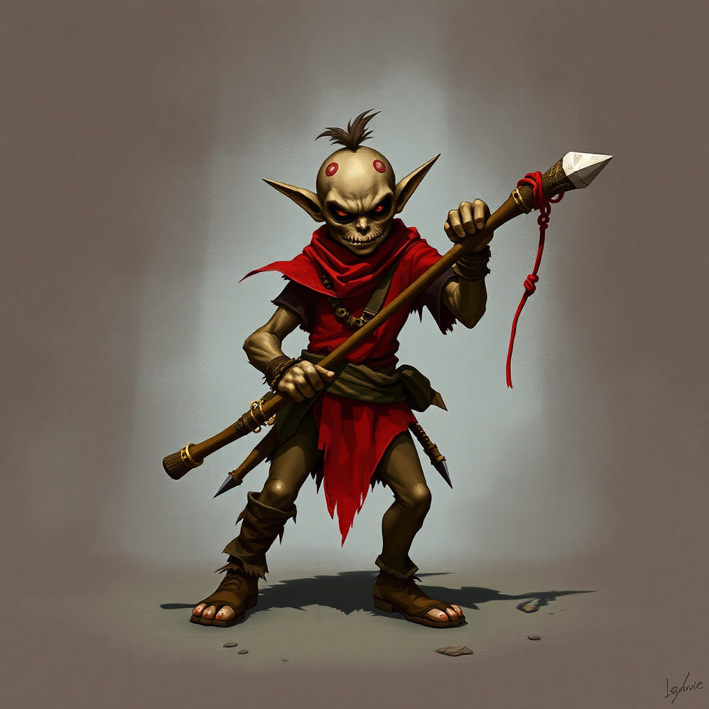 A small, skinny kobald in a tattered red tunic and dirty brown pants holding a quaterstaff in a threatening manner.