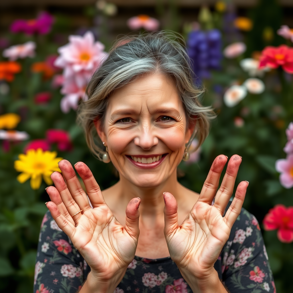 a 38 year old woman in a flower garden, smiling and holding up her hands, showing her dirty fingers