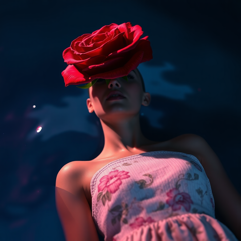 A red rose bouquet head, no human, front view, wearing a white textured dress with pastel minimal floral print design, closeup shot, hyperrealistic, lying inside water with blue and pink effect, nighttime, dark