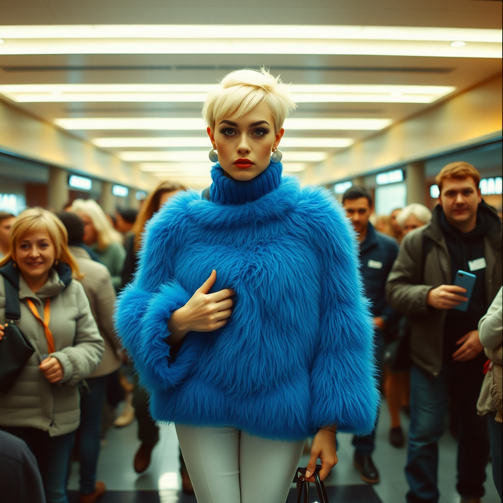 1990 winter afternoon daylight, crowded cinema lobby: Sam, 19 years old beautiful involuntary femboy, rebellious intractable character, short petite boyish figure, platinum blond boyish rebel punk hairstyle, flawless heavily made-up face with sharp arched tattooed eyebrows, wearing Supertanya-style fluffy very fuzzy bright blue angora thigh-length turtleneck-poncho fully covering body and arms, white shiny leggings, red leather high-heeled pumps, silver earrings, puzzled alarmed, pout serious, impatiently waiting for her master. Surrounded by much taller male visitors watching laughing taking pictures. Full view of scene.