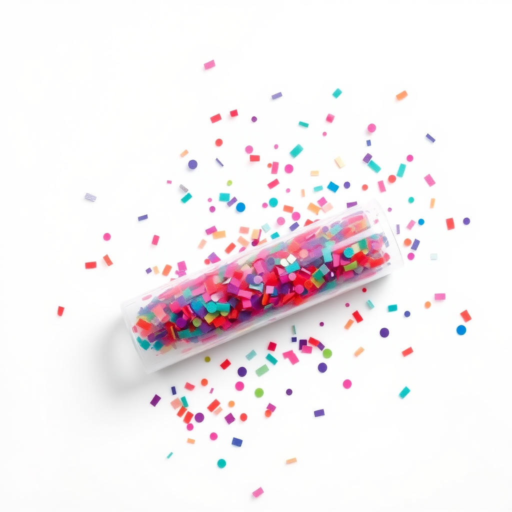 confetti popping from a tube, white background, realistic, beautiful, evenly distributed