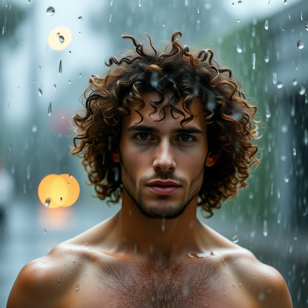 so much rain, man with fine curly hair