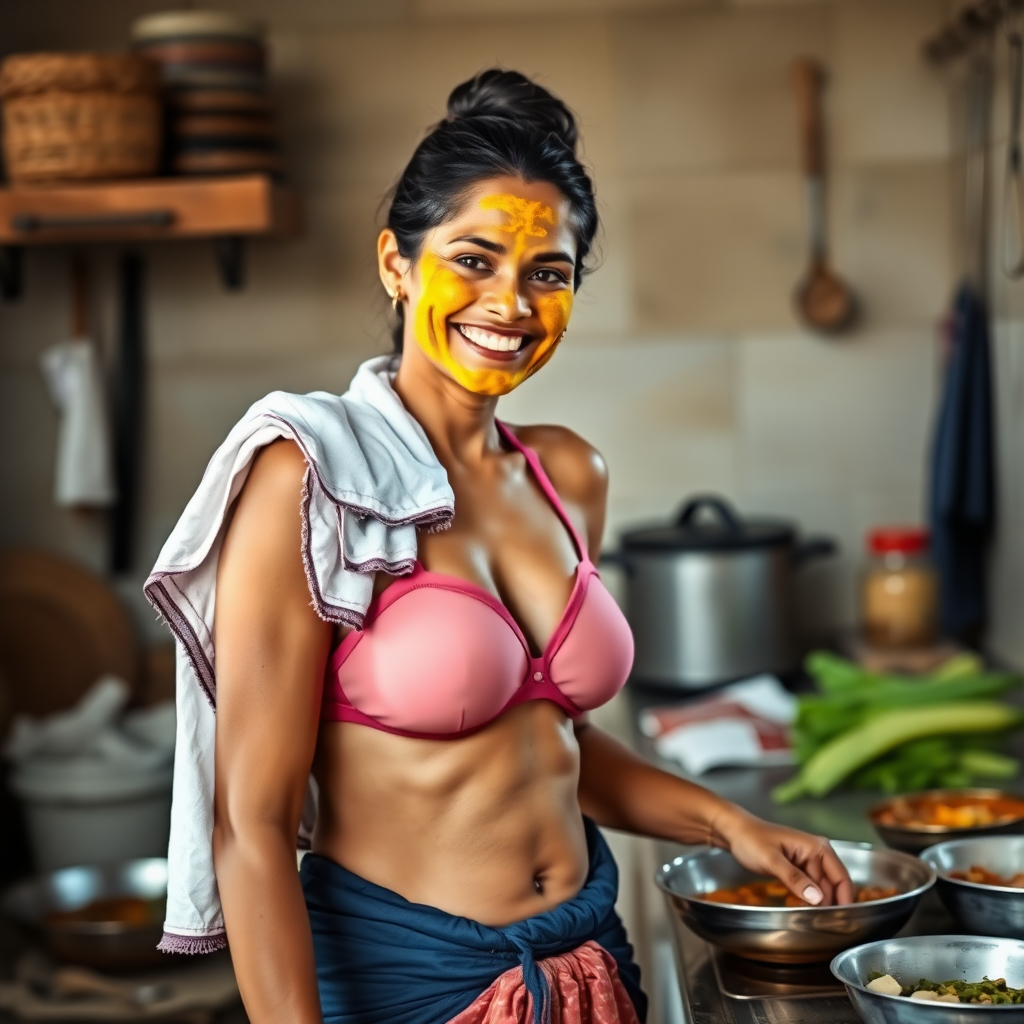 A skinny, happy, 30 year old, traditional Indian wife with hair bun, wearing a bra, skirt and a short towel on her shoulder. She is preparing food in kitchen. Her face is covered with turmeric face mask.