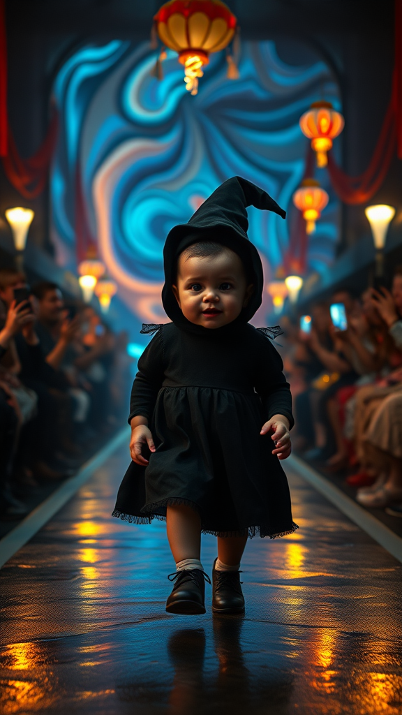 Create an eerie yet captivating scene featuring a small, 7 month old chubby baby-like witch with pink lips and pink cheeks walking confidently down a dark runway, surrounded by spectators. The witch wears a black dress, a black long cap, and has a black tattoo on her face. The face has exaggerated, creepy makeup with thick red lips.

The background features swirling, abstract light patterns in blue, orange, and yellow hues, creating a surreal and unsettling atmosphere. The audience, dimly lit on either side, holds up their phones and cameras to capture the moment, but their faces are mostly obscured in the shadow, adding to the mysterious mood. Overhead, several more colorful lights and hanging decorations give a circus-like vibe, but the overall tone is more eerie than playful. The ground is wet, reflecting the lights above, creating a sense of depth and texture, adding to the haunting atmosphere.