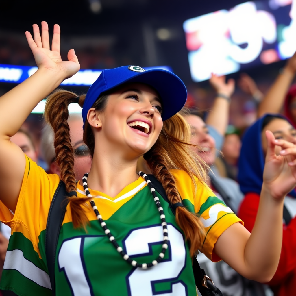 Attractive female NFL fan, pigtail hair, cheering wildly