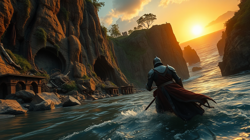 an epic cinematic low camera angle of a wounded knight navigating a precarious river, imposing cliffs with interesting rock formations with overgrown nature embedded ruins, hanging vines foliage, trees, and sporadic dead skeletons and armor from dead warriors the cliffs reveal background the ocean in a sunset with a big sun and dramatic clouds