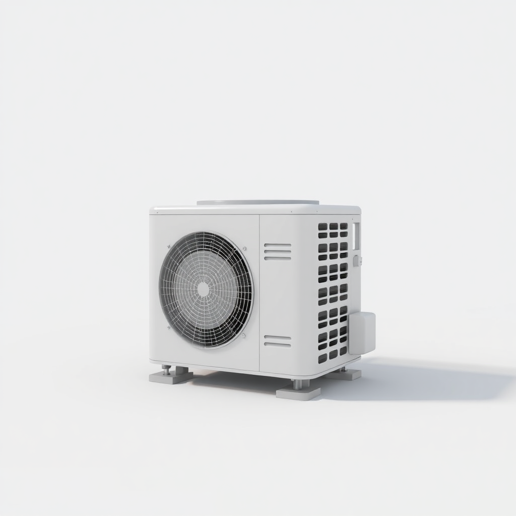 A simple, 3D model of a standard residential outdoor air conditioning unit or condenser. The unit should be placed on a flat surface. The unit should be a neutral color. Plain, uncluttered background. No text.