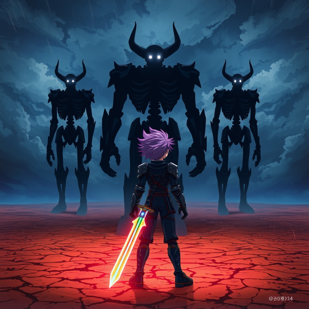 (Anime Style Art), An apocalyptic anime scene unfolds under dark, storm-ridden skies. The backdrop is a vast, desolate plain, cracked and lifeless, stretching into a distant horizon. Towering over the field are three colossal humanoid figures, made entirely of black, shadowy darkness. Their forms ripple with a sinister energy, and the only detail visible is a single white lens flare gleaming from each of their faceless heads. Two of these towering beings, known as the Roaring Titans, are skeletal and stick-figure-like, their presence imposing and terrifying, 1 at the center is a large one with 2 horns. Standing defiantly with his back turned to the viewer is a fierce teenage boy. His wild purple hair flows in the wind, and he’s clad in a sleek, futuristic knight's armor, glowing faintly with a deep purple hue. In his hand, he wields a sword ablaze with rainbow-colored flames, poised to strike as he faces down the towering threats in a final stand.